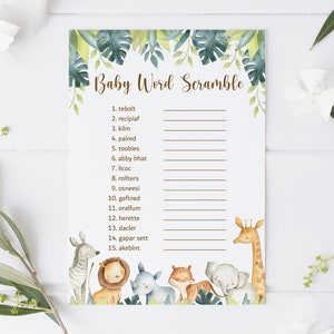 Puede incluir: Un juego de baby shower imprimible con tem&aacute;tica de la jungla. El juego se llama "Baby Word Scramble" y tiene una lista de 15 palabras para descifrar. Las palabras est&aacute;n relacionadas con los beb&eacute;s e incluyen "tebolt", "recipiaf", "kilm", "paired", "toobies", "abby bhat", "licoc", "rollters", "osneesi", "gefined", "oralfum", "herette", "dacler", "gapar sett" y "akebint". El juego presenta una ilustraci&oacute;n de acuarela de una jirafa, una cebra, un le&oacute;n, un rinoceronte y un elefante.