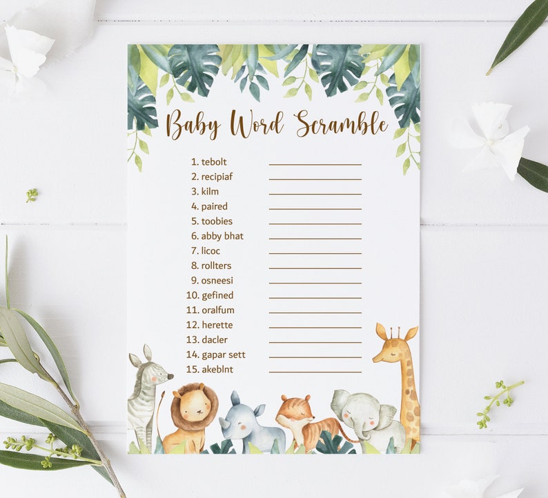 Puede incluir: Un juego de baby shower imprimible con tem&aacute;tica de la jungla. El juego se llama "Baby Word Scramble" y tiene una lista de 15 palabras para descifrar. Las palabras est&aacute;n relacionadas con los beb&eacute;s e incluyen "tebolt", "recipiaf", "kilm", "paired", "toobies", "abby bhat", "licoc", "rollters", "osneesi", "gefined", "oralfum", "herette", "dacler", "gapar sett" y "akebint". El juego presenta una ilustraci&oacute;n de acuarela de una jirafa, una cebra, un le&oacute;n, un rinoceronte y un elefante.
