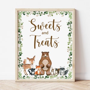 Cartello per dolci e dolcetti, cartello per baby shower nel bosco, cartello per festa di compleanno con animali della foresta, cartello per tavolo per cibo, stampabile, NON modificabile 0120