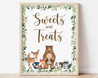 Woodland Baby Shower Sweets and Treats Sign, Greenery Woodland Animals Party Food Table Sign Printable 0120