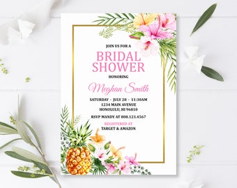 Tropical Bridal Shower Invitation Hawaiian Luau Bridal Shower Pink Floral Hibiscus Pineapple Custom Printable Invite Digital File B74