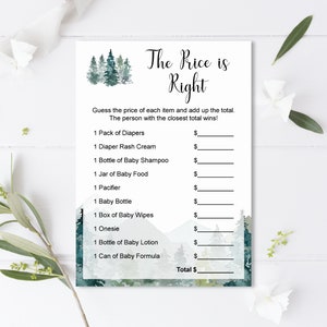 May include: A printable baby shower game with a watercolor mountain and forest background. The game is called "The Price is Right" and asks players to guess the price of various baby items, such as diapers, wipes, and formula.