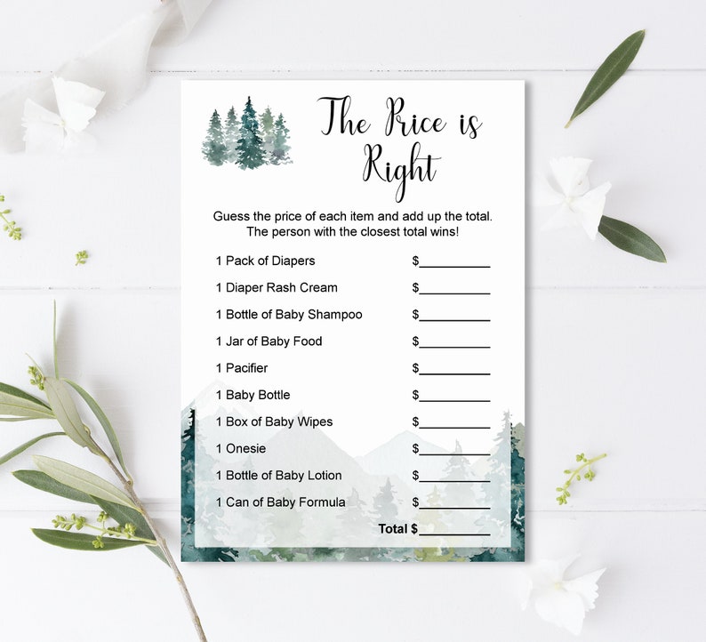 May include: A printable baby shower game with a watercolor mountain and forest background. The game is called "The Price is Right" and asks players to guess the price of various baby items, such as diapers, wipes, and formula.