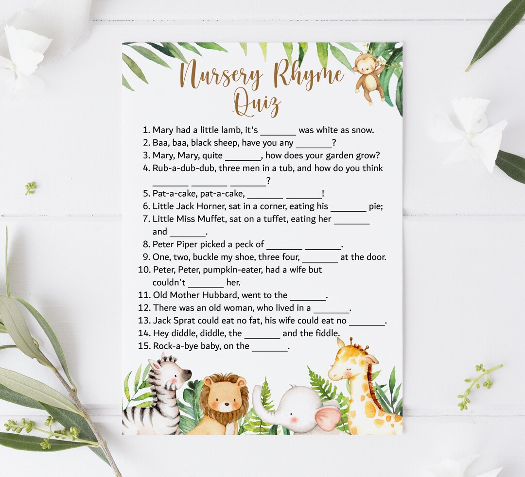 Nursery Rhyme Quiz Game Jungle Baby Shower Game Safari Animals Baby