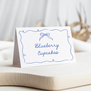 Editable Buffet Food Label Blue Bow She's Tying the Knot Bridal Shower Table Tent Card Place Card Template Corjl 0145