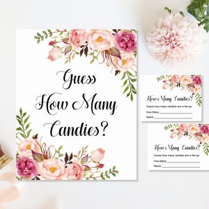 Guess How Many Candies Are In The Jar Pink Floral Boho Baby Shower Game Printable Candy Guessing Game NOT Editable C24