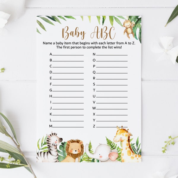 Baby ABC Game Jungle Baby Shower Game Jungle Animals Safari Baby Shower Game Printable Gender Neutral NOT Editable C94