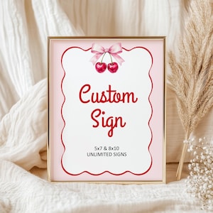 Editable Pink Bow Cherry Custom Sign Template Cherry On Top Party Table Sign Baby Shower Sign Bridal Shower Birthday Sign Corjl 0144
