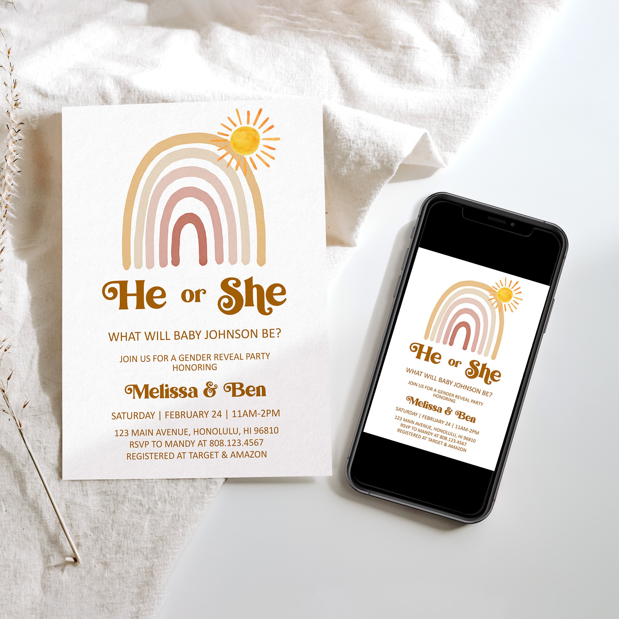 Editable Gender Reveal Invitation He or She Baby Shower Invite Boho Sun ...
