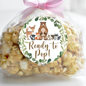 Ready To Pop Stickers Woodland Baby Shower Favor Tags Popcorn Labels Greenery Woodland Animals Baby Shower Printable NOT Editable 0120