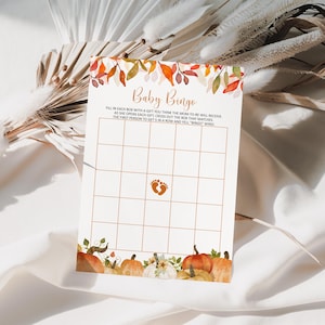 Tarjeta de bingo para baby shower de otoño (juego de calabaza para baby shower, imprimible, no editable, 0117)