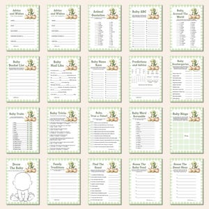 May include: A set of baby shower game cards with a green and white checked border. Each card has a dinosaur illustration and titles like "Advice and Wishes," "Baby Bingo," and "Baby Trivia." The cards are designed for a baby shower.
