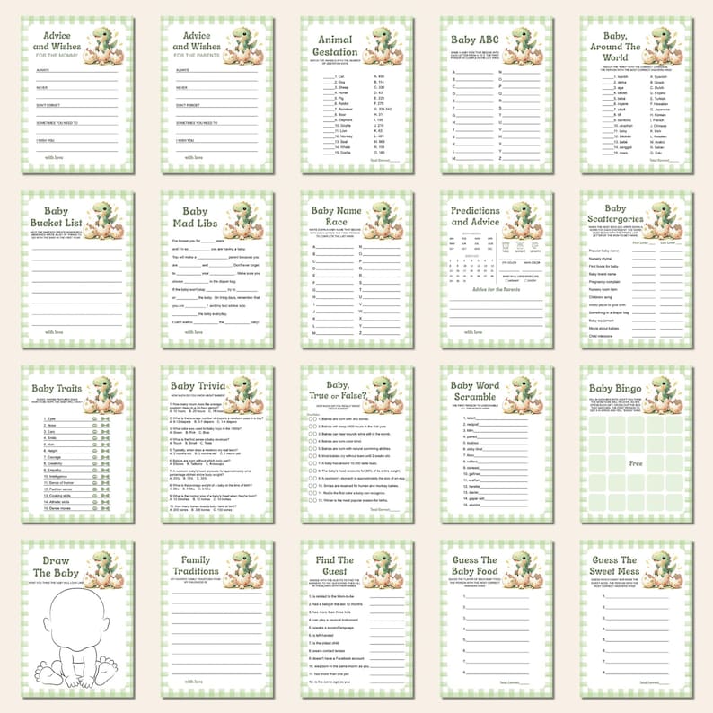 May include: A set of baby shower game cards with a green and white checked border. Each card has a dinosaur illustration and titles like "Advice and Wishes," "Baby Bingo," and "Baby Trivia." The cards are designed for a baby shower.
