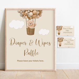 Tarjetas de rifa de pañales y toallitas de osito de peluche y letrero para baby shower. Podemos esperar con ansias. Inserción para baby shower. Imprimible, NO editable. C14