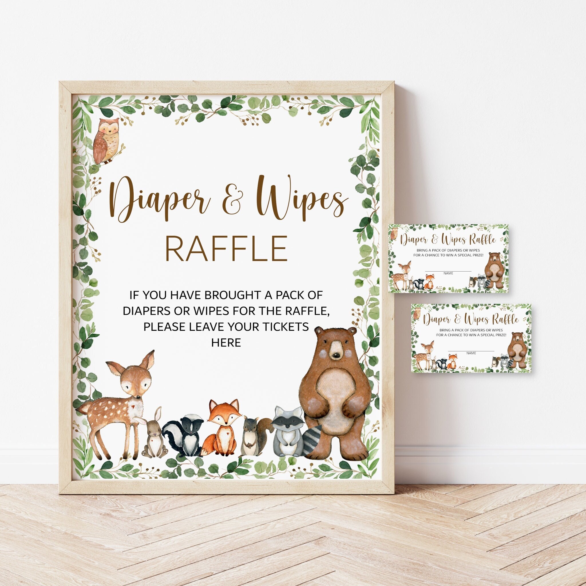Wipes Raffle Diaper and Wipes Raffle Tickets and Sign Woodland Baby Shower Game ...