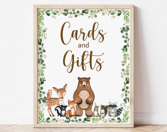 Cards and Gifts Sign Woodland Baby Shower Greenery Forest Animals Party Table Sign Printable NOT Editable 0120