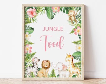 Safari Girl Jungle Food Sign – Pink Animals Baby Shower or Birthday Party Table Decor Printable  0127