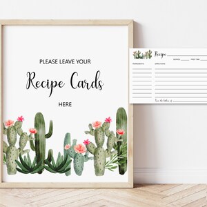 Cartes de recette imprimables Boho Fiesta Bridal Shower signe de recette et modèle de carte Cactus Shower nuptiale non modifiable B94