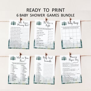 Adventure Mountain Forest baby shower games bundle with 6 printable activities, instant download party games, rustic woodland theme.