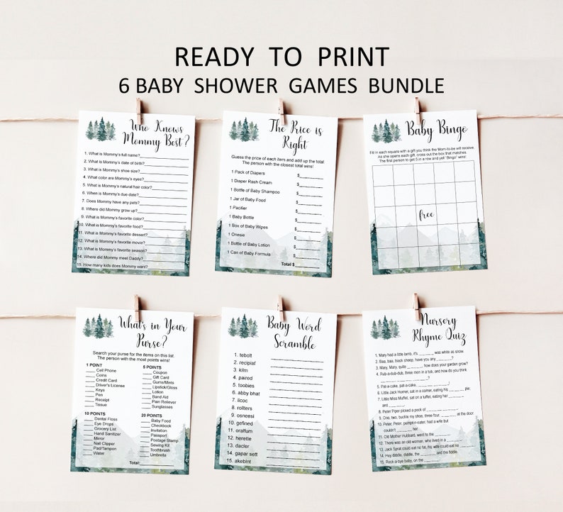 Adventure Mountain Forest baby shower games bundle with 6 printable activities, instant download party games, rustic woodland theme.