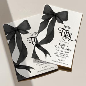Invitación editable para el 50 cumpleaños, plantilla de invitación de cumpleaños coqueta con lazo negro (cualquier edad) Corjl 0155