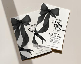 Editable 50th Birthday Invite, Black Bow Coquette Birthday Invitation Template (Any Age) Corjl 0155