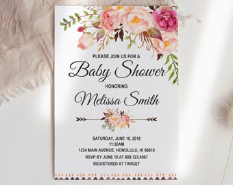 Boho Baby Shower Invitation Pink Floral Girl Baby Shower Personalized Printable Invite C24