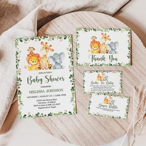 Editable Jungle Baby Shower Invitation Bundle - Gender Neutral Greenery Safari Animals Theme Corjl 0128