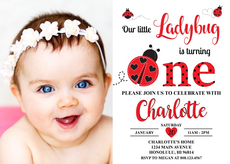 Ladybug Birthday Invitation Girl 1st Birthday Invitation Etsy