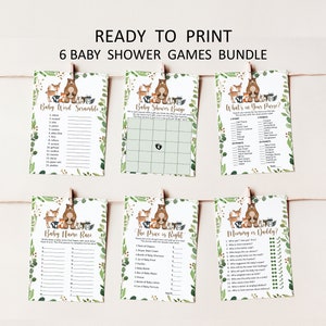 May include: Six printable baby shower game cards featuring a woodland theme with a brown bear and other animals. The games include Baby Word Scramble, Baby Shower Bingo, What's in Your Purse?, Baby Name Race, The Price is Right, and Mommy or Daddy?