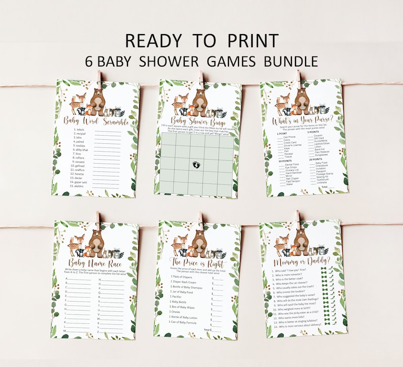 May include: Six printable baby shower game cards featuring a woodland theme with a brown bear and other animals. The games include Baby Word Scramble, Baby Shower Bingo, What's in Your Purse?, Baby Name Race, The Price is Right, and Mommy or Daddy?