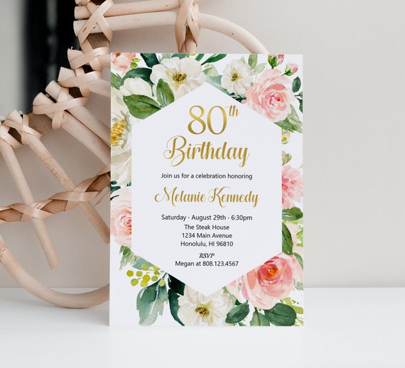 80th Birthday Invitation Blush Pink Gold Floral Birthday Party Invitation for Women Personalized Printable Invitation A80 Il_570xn