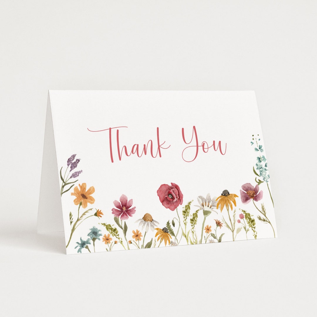 Wildflower Thank You Card Pink Floral Thank You Card Printable File ...