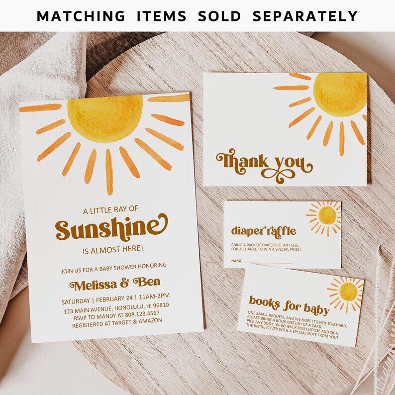 May include: A baby shower invitation with a yellow sun graphic and the text "A Little Ray of Sunshine is Almost Here!"  Join us for a baby shower honoring Melissa & Ben. Saturday, February 24, 11am-2pm. 123 Main Avenue, Honolulu, HI 96810. RSVP to Mandy at 808.123.4567. Registered at Target & Amazon.