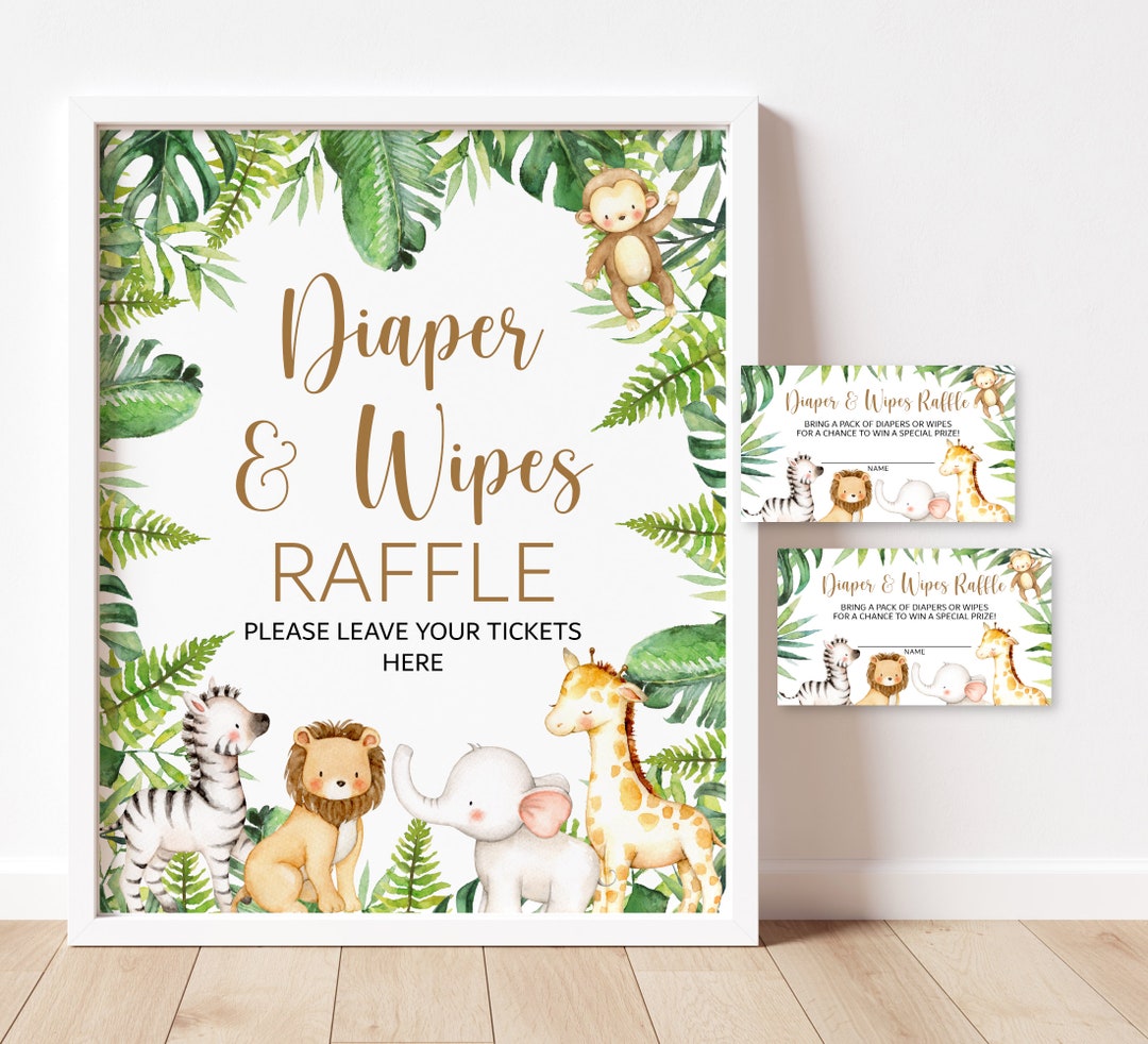 Diaper and Wipes Raffle Tickets and Sign Jungle Baby Shower Game Jungle