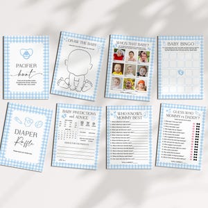 May include: A collection of baby shower game cards with a blue gingham pattern border. Games include "Pacifier Hunt", "Draw the Baby", "Who's That Baby?", "Baby Bingo", "Diaper Raffle", "Baby Predictions and Advice", "Who Knows Mommy Best?", and "Guess Who Mommy & Daddy?"