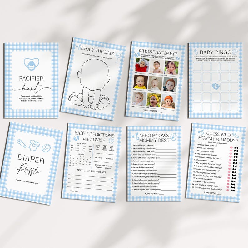 May include: A collection of baby shower game cards with a blue gingham pattern border. Games include "Pacifier Hunt", "Draw the Baby", "Who's That Baby?", "Baby Bingo", "Diaper Raffle", "Baby Predictions and Advice", "Who Knows Mommy Best?", and "Guess Who Mommy & Daddy?"
