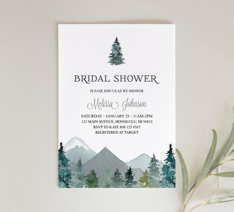 Mountains Bridal Shower Invitation Outdoor Theme Forest Trees Adventure Mountain Bridal Shower Wedding Shower Personalized Invitation B96 image 1