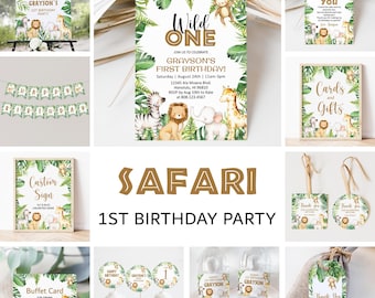 Editable Safari Animal First Birthday Invitation Bundle - Wild One Party Printable Templates Corjl 0127