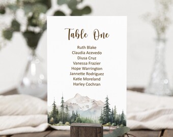 Editable Forest Mountain Seating Chart Card Table Number Card Template Outdoor Wedding Birthday Decor Printable Corjl 0124