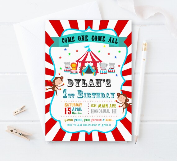 Circus Birthday Invitation Circus 1st Birthday Circus Animal Carnival Theme Birthday Invitation Custom Printable Invite Digital File Il_570xn