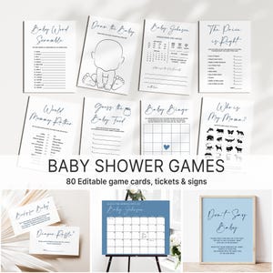 Editable Blue Baby Shower Games Bundle Minimalist Simple Baby Shower Printable Game & Activity Corjl Template 0122