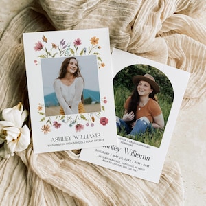 Modèle de carte photo modifiable pour l'obtention du diplôme de fleurs sauvages florales pour faire-part senior Corjl 0143