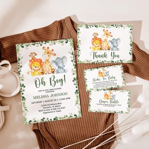 Editable Jungle Baby Shower Invitation Bundle - Oh Boy Greenery Safari Animals Theme Corjl 0128