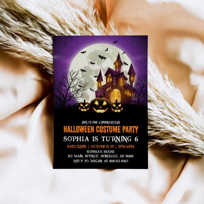Editable Spooky Halloween Invitation Kids Birthday Costume Party Invite Printable Template Purple Scary Pumpkins Haunted House