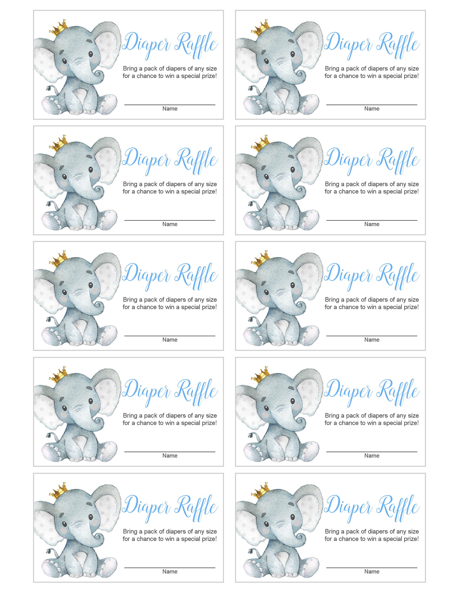 Elephant Baby Shower Diaper Raffle Tickets Printable Boy Elephant Baby ...