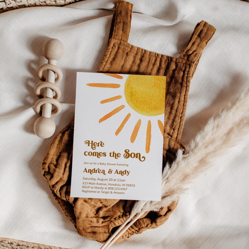 Custom Here Comes The Son Baby Shower Invitation - Retro Boho Sunshine Printable 0118 image 2