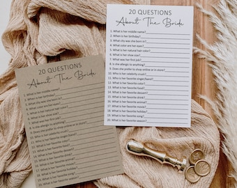 20 preguntas sobre la novia: Juego de despedida de soltera minimalista imprimible, juego de despedida de soltera rústico en papel Kraft, NO editable, B3