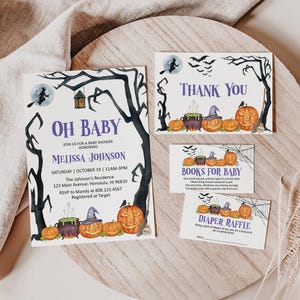 Editable Halloween Baby Shower Invitation Bundle Witch Baby Shower Invite Diaper Raffle Thank You Card Set Corjl 0126