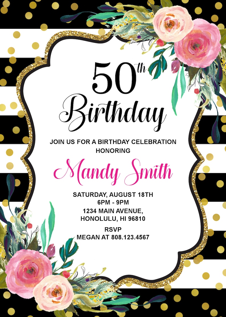 50th Birthday Invitation Women Birthday Invite Pink Floral - Etsy